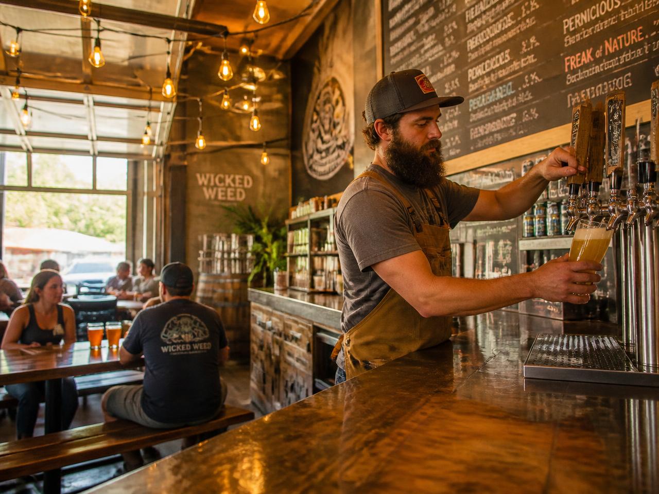 Bartender pouring a beer at an Asheville brewery taproom