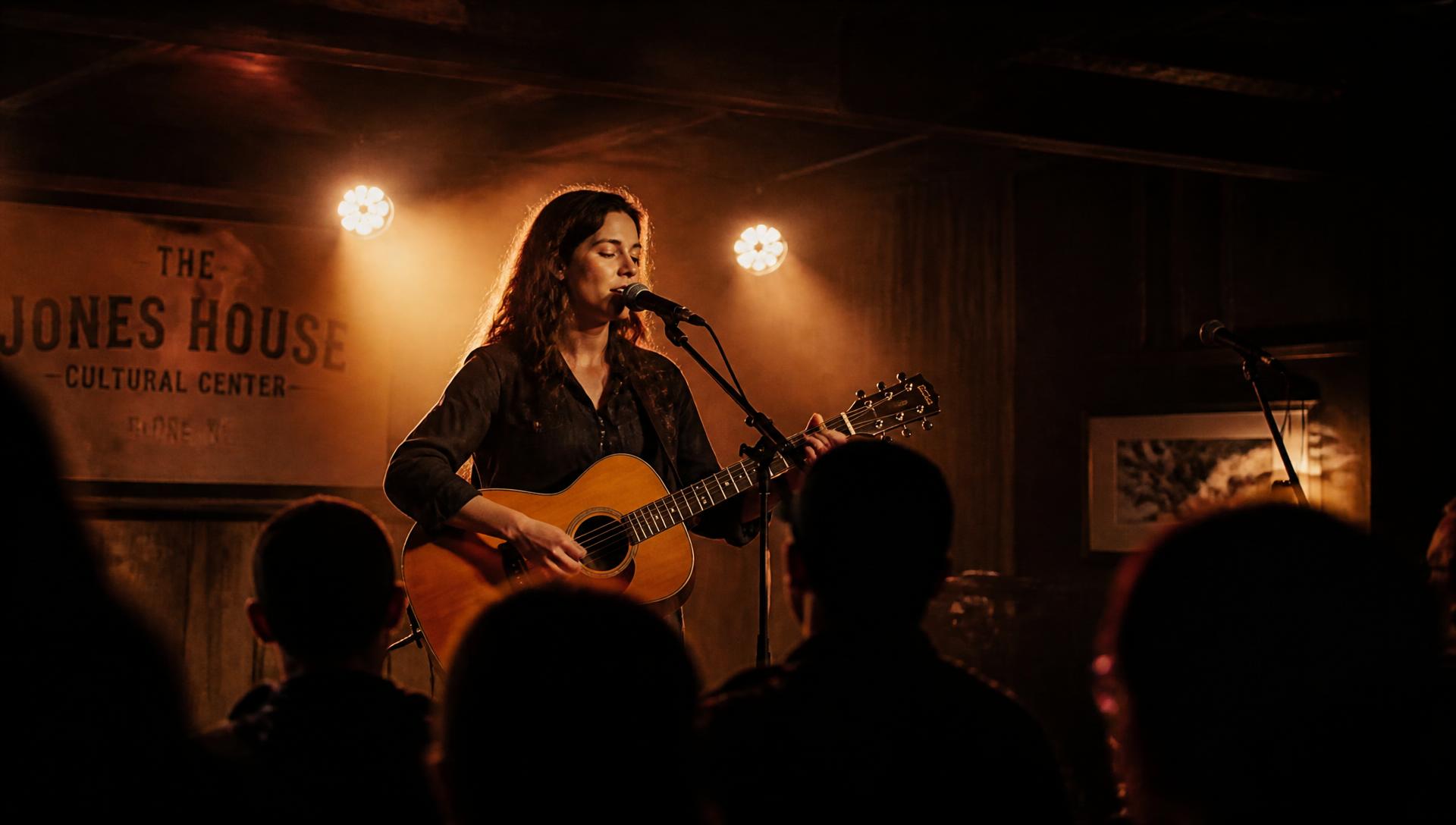 Musician performing live on a small Asheville stage under warm amber lights