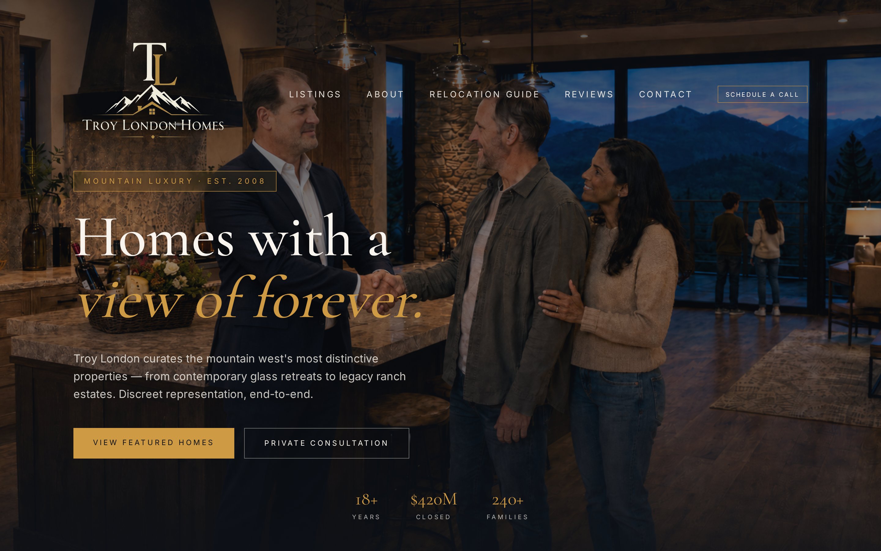Troy London Homes website homepage — luxury mountain real estate